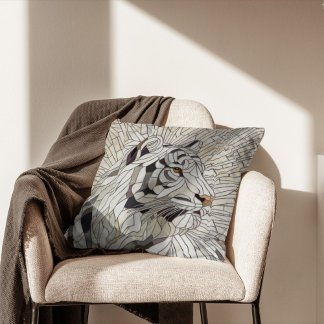White tiger - Stained Glass Mosaic Digital Art Cushion