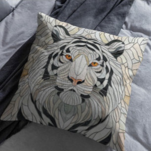 White tiger - Stained Glass Mosaic Digital Art Cushion