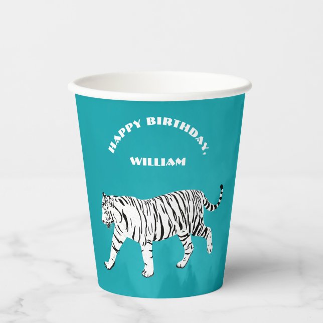 White Tiger Teal, Turquoise Blue Personalised Paper Cups (Front)