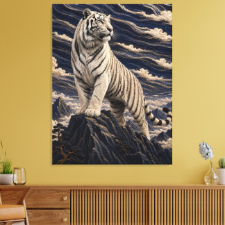 White Tiger Under Embroidered Clouds – Navy Blue M Canvas Print