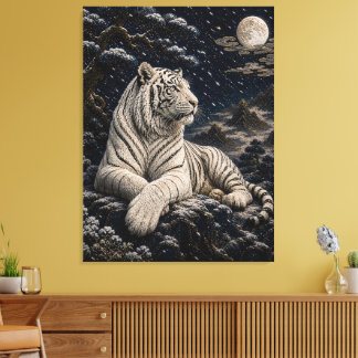 White Tiger Under the Full Moon – Snowy Mountain N Canvas Print