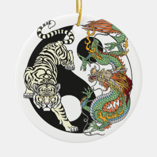 White tiger versus green dragon in the yin yang ceramic tree decoration