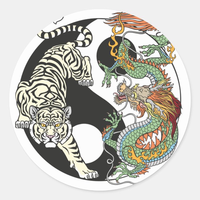 White tiger versus green dragon in the yin yang cl classic round sticker (Front)
