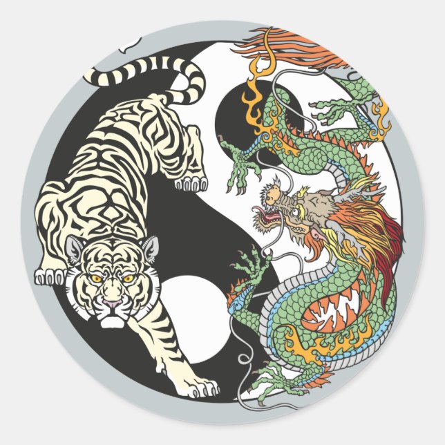 White tiger versus green dragon in the yin yang cl classic round sticker (Front)