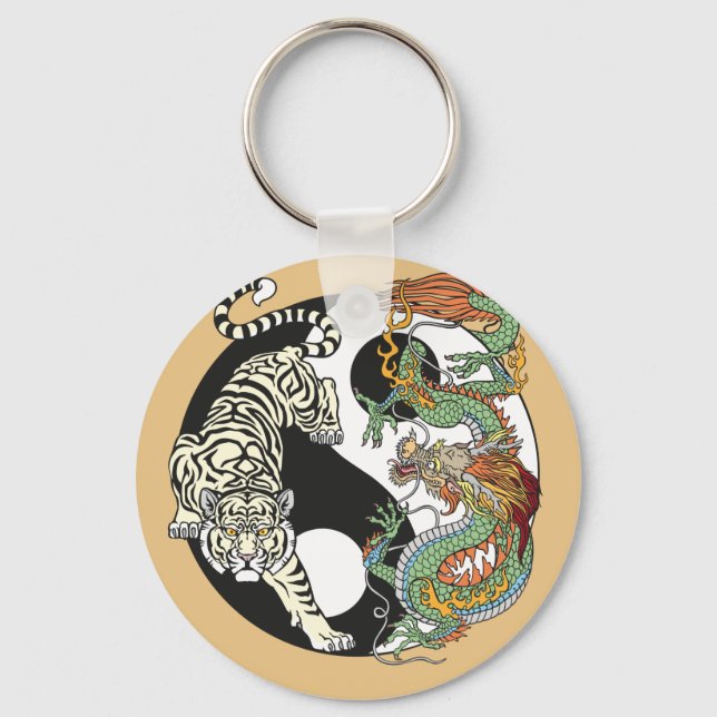 White tiger versus green dragon in the yin yang  k key ring (Front)