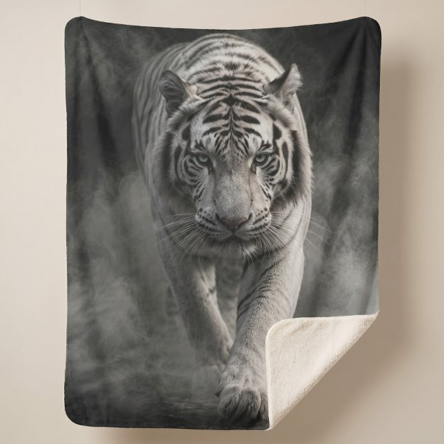 White Tiger Walking Through Smoke Sherpa Blanket (Creator Uploaded)