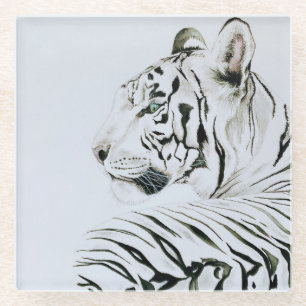 White Tiger Watercolor Glass Coaster