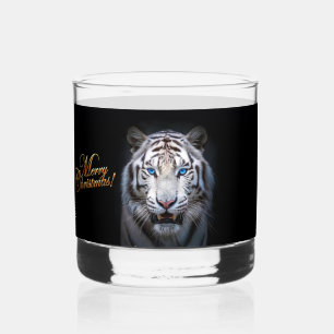 White Tiger with Blue Eyes Merry Christmas Whiskey Glass