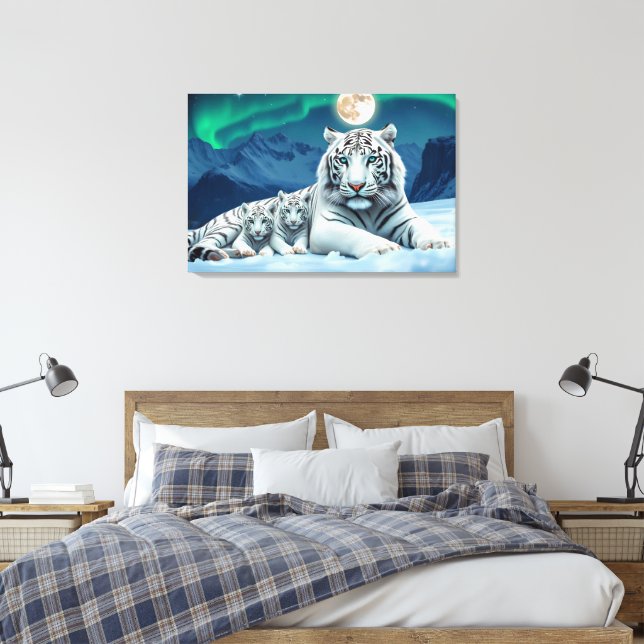 White Tiger With Cute Cubs Stretched Canvas Print (Insitu(Bedroom))