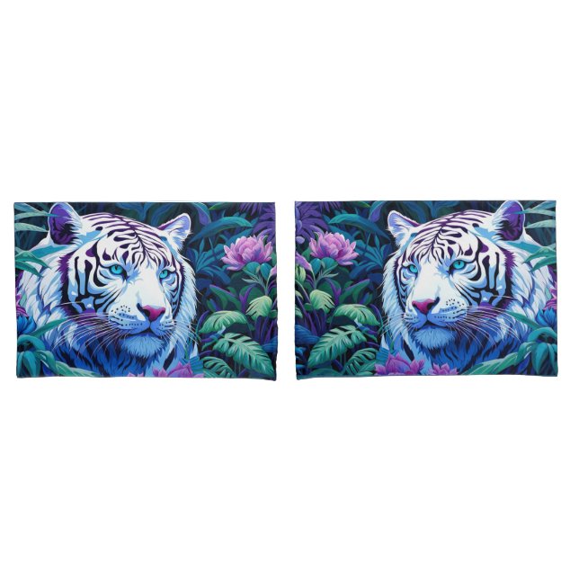 White Tiger with purple flowers Pillowcase (Front-Set)