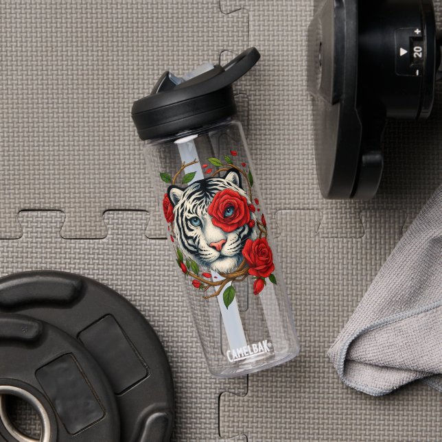 White Tiger with Red Roses – Bold Wildlife Floral  Water Bottle (Gym (Rotated))