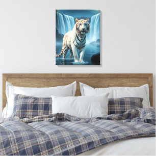 White Tiger With Waterfalls Stretched Canvas Print