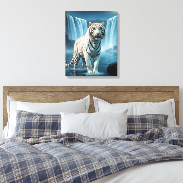 White Tiger With Waterfalls Stretched Canvas Print (Insitu(Bedroom))