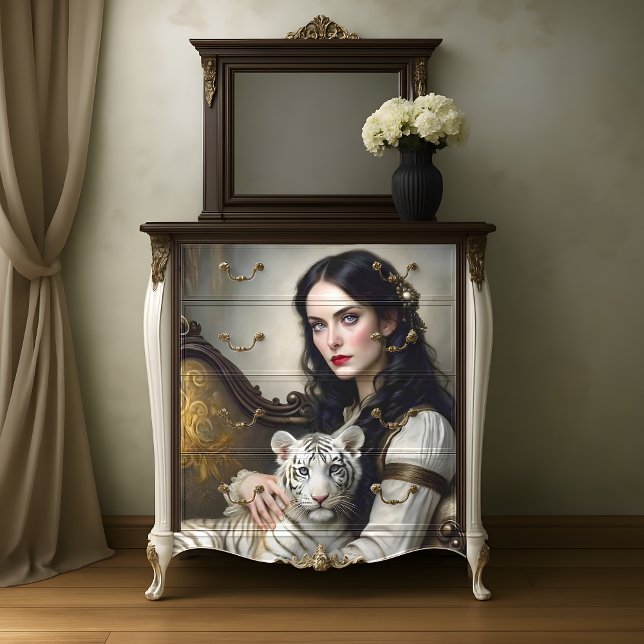 White Tiger Woman Elegant Fantasy Decoupage Tissue Paper (White Tiger Woman Elegant Fantasy Decoupage Tissue Paper)