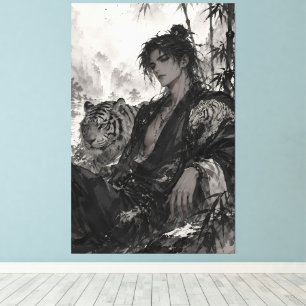 White Tiger Wuxia Warrior Resting in Bamboo Forest Canvas Print