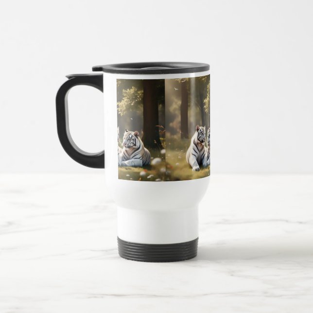 White Tigers at Rest – Serene Forest Travel Mug (Left)