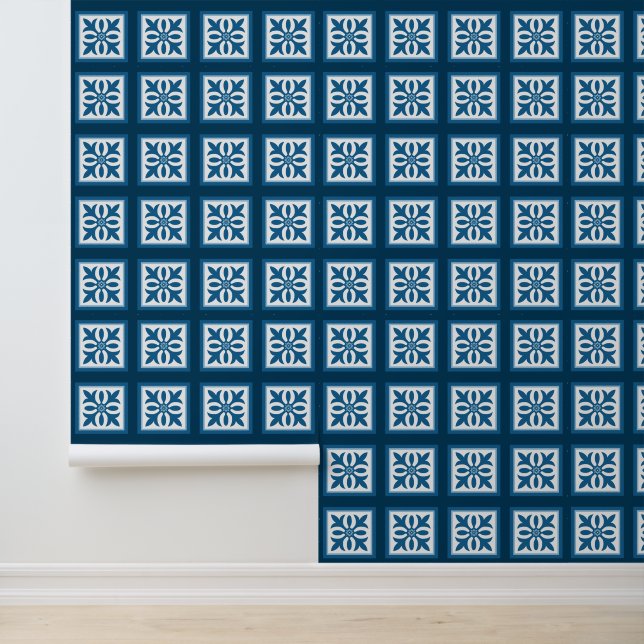 White tiled foliage on navy blue wallpaper (Application)