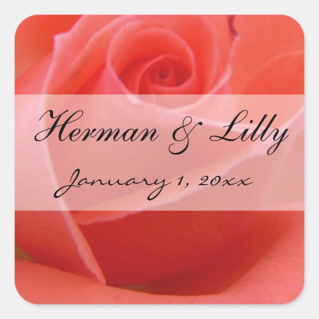 White Tipped Pink Rose Personalised Wedding Square Sticker (Front)