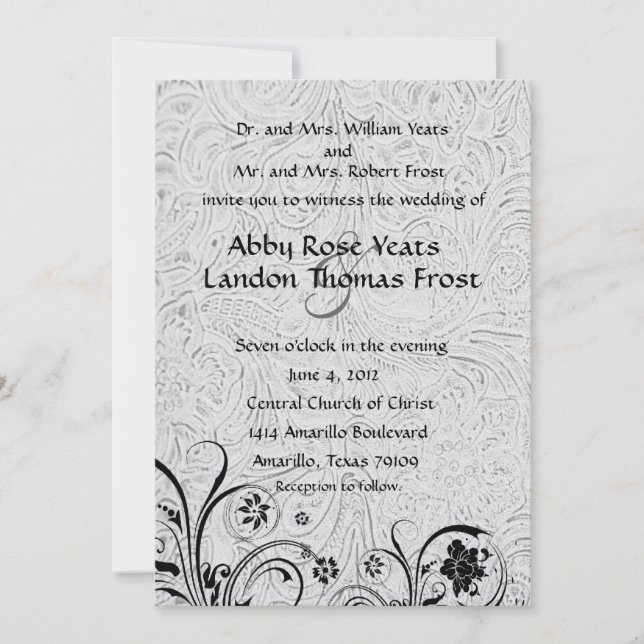 White Tooled Leather and Black Lace Wedding Invitation (Front)