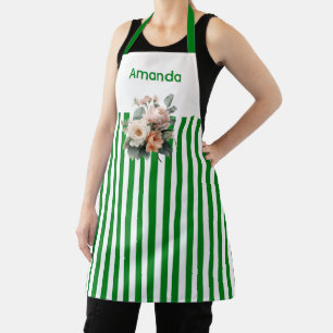 White Top with Green Stripes Floral  Apron