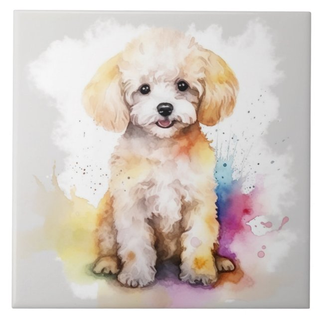 White Toy Poodle Watercolor Puppy Tile (Front)