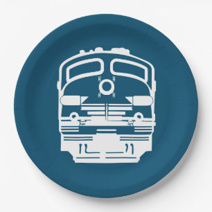 White Train Engine Profile on Blue Background Paper Plate