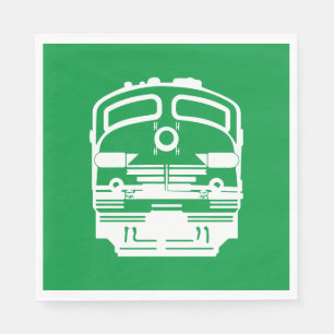 White Train Engine Profile on Green Background Napkin