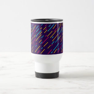 White travel mug with purple design.
