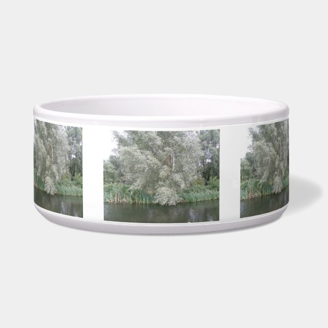 White Tree and River Landscape Dog Bowl (Front)