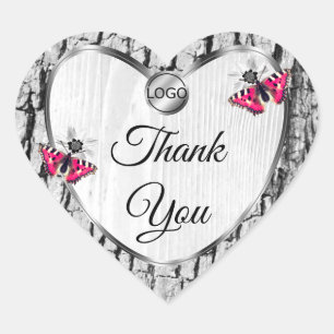 White Tree Bark Pink Butterfly Cute Thank You Logo Heart Sticker