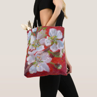White Tree Blossoms on Red Background Tote Bag