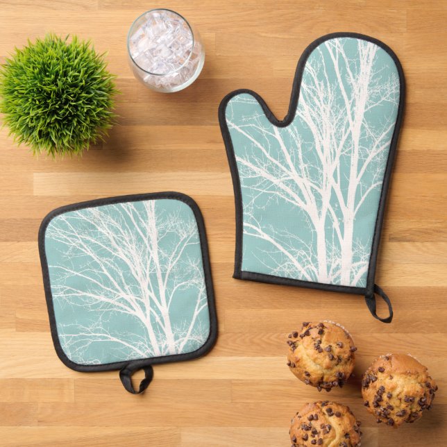 White Tree Branches Oven Mitt & Pot Holder Set (Top Down)