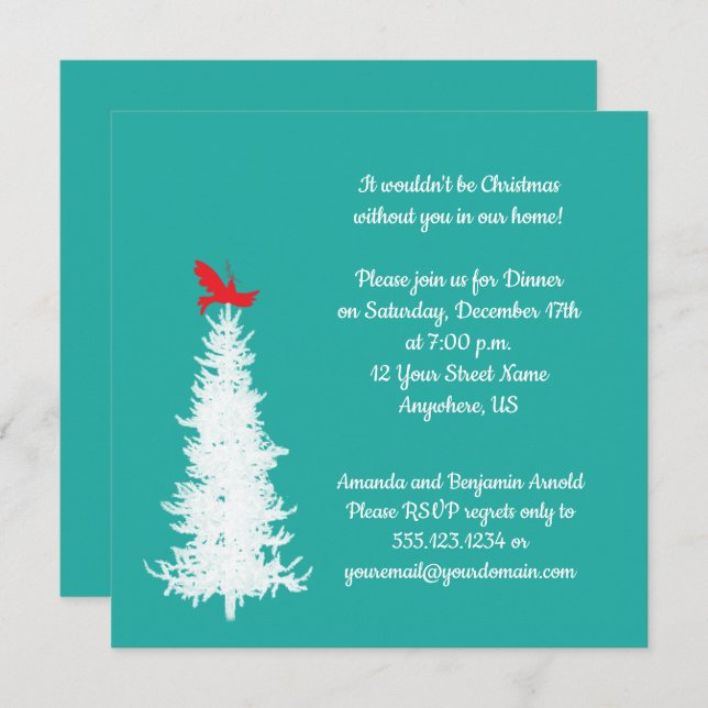 White Tree Red Bird on Teal Christmas Party Invitation (Front/Back)