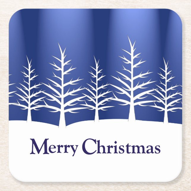 White Tree Silhouettes Elegant Christmas Square Paper Coaster (Front)