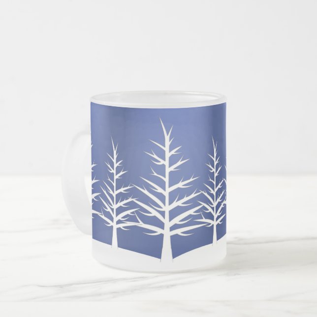 White Tree Silhouettes Elegant Winter Frosted Glass Coffee Mug (Front Left)