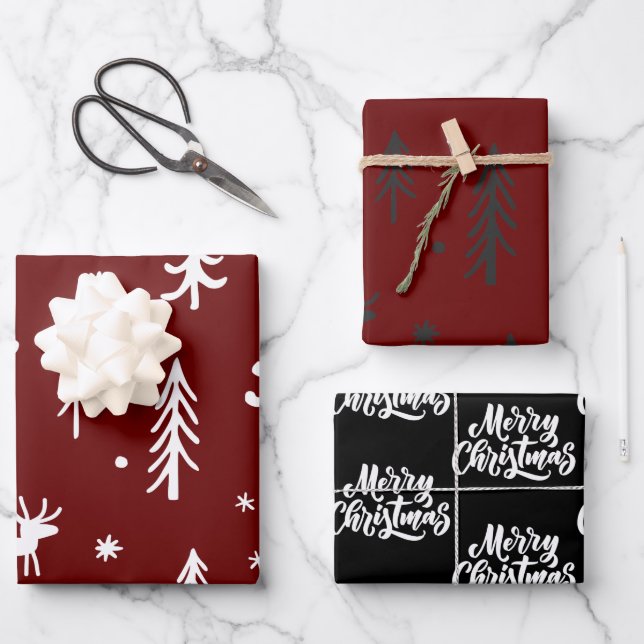 White Trees Illustrations Red Christmas Pattern Wrapping Paper Sheet (Front)