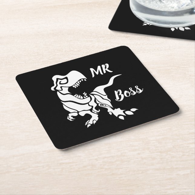 White Trex the Boss Dino Square Paper Coaster (Angled)