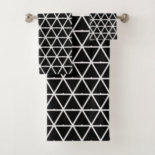 White Triangle Geometric Pattern on Black Bath Towel Set