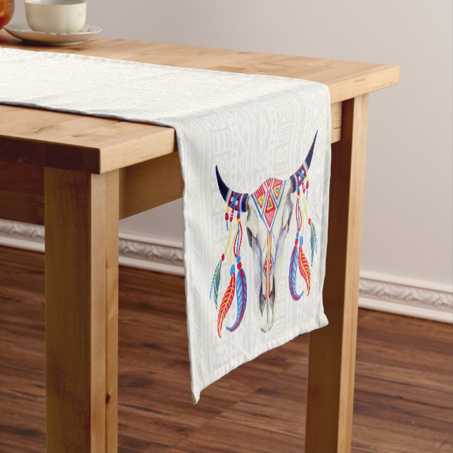 White Tribal Bull Skull And Feathers Short Table Runner (In Situ)