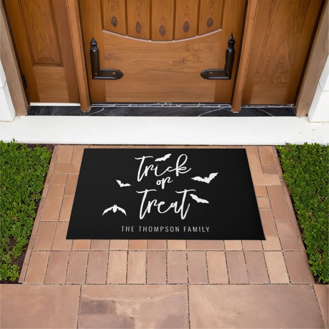 White Trick Or Treat Script With Bats Halloween Doormat (Outdoor)