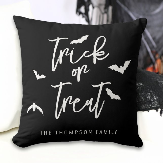 White Trick Or Treat Typography And Bats On Black Cushion (Creator Uploaded)