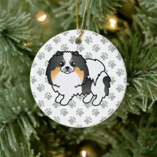 White Tricolor Pomeranian Cute Cartoon Dog & Paws Ceramic Tree Decoration