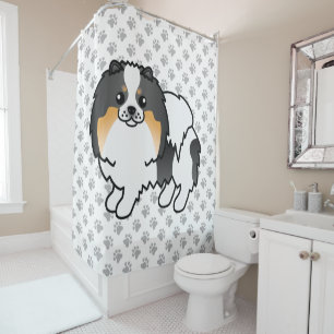 White Tricolor Pomeranian Cute Cartoon Dog & Paws Shower Curtain