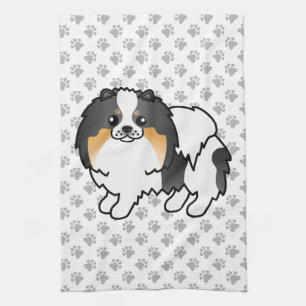 White Tricolor Pomeranian Cute Cartoon Dog & Paws Tea Towel