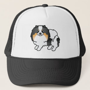 White Tricolor Pomeranian Dog Cartoon Illustration Trucker Hat