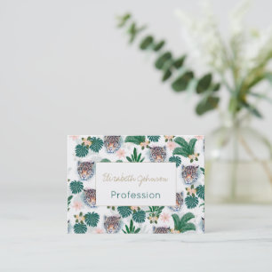 White Tropical Floral Foliage and Leopard Faces Business Card