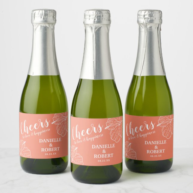 White Tropical Floral Hibiscus on Peach Pink Mini Sparkling Wine Label (Bottles)