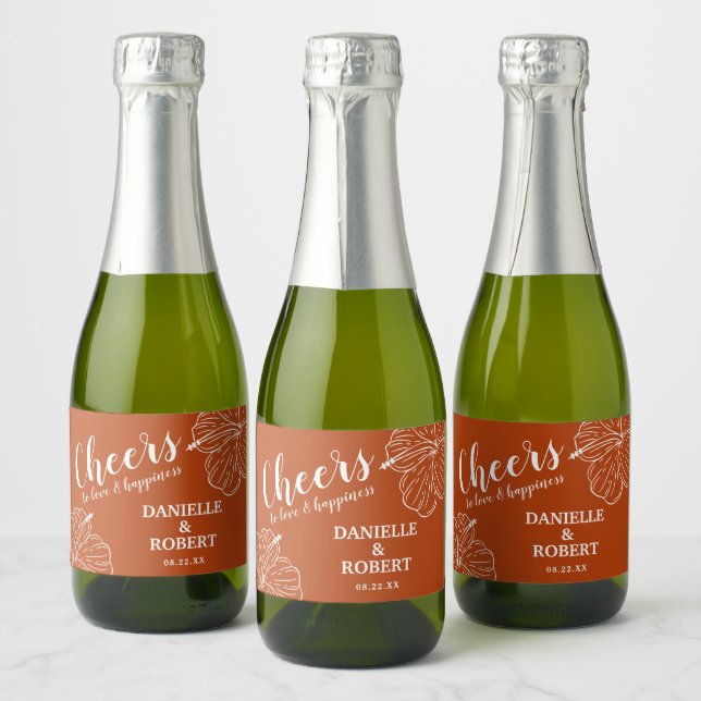 White Tropical Floral Hibiscus on Rust Mini Sparkling Wine Label (Bottles)