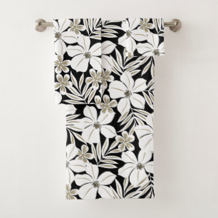 White tropical flowers on black bath towel set