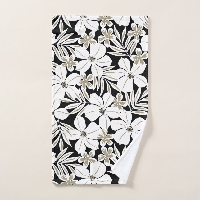 White tropical flowers on black hand towel (Hand Towel)